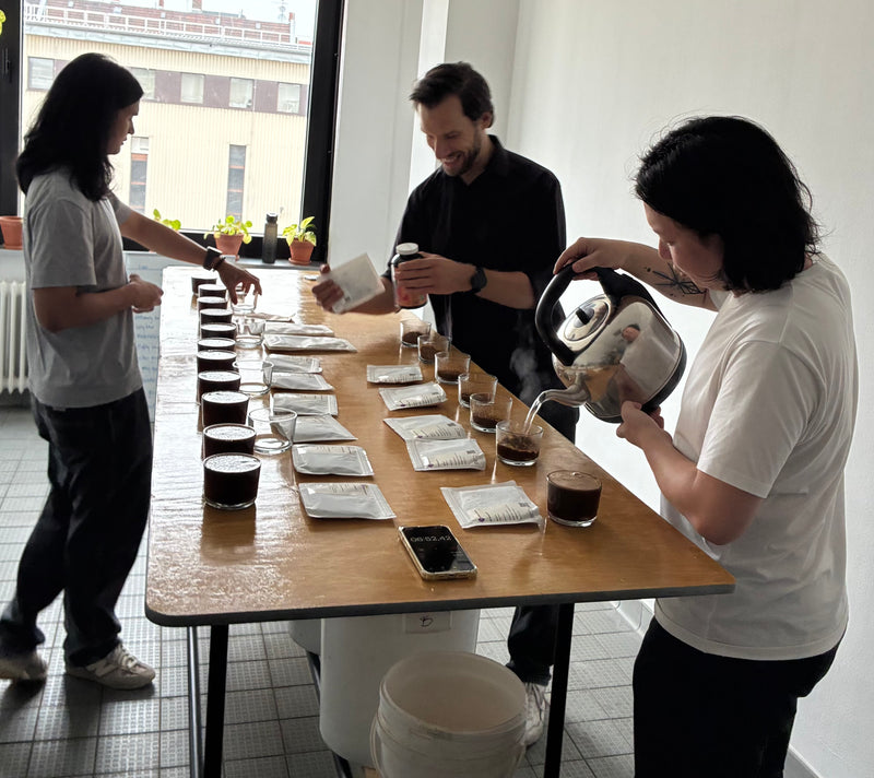 Drei Personen verkosten 5–6 verschiedene Specialty Coffee Röstungen bei einem Cupping-Event von Sortengold. Einsteigerfreundliches Kaffeetasting als Teamevent für Berliner Unternehmen zur Förderung der Firmenkultur.