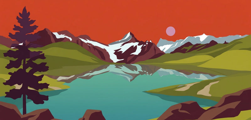 Minimalistische Illustration schneebedeckter Alpengipfel, die sich in einem Bergsee spiegeln. Roter Himmel mit stilisierter Tanne und weißem Textfeld unten.